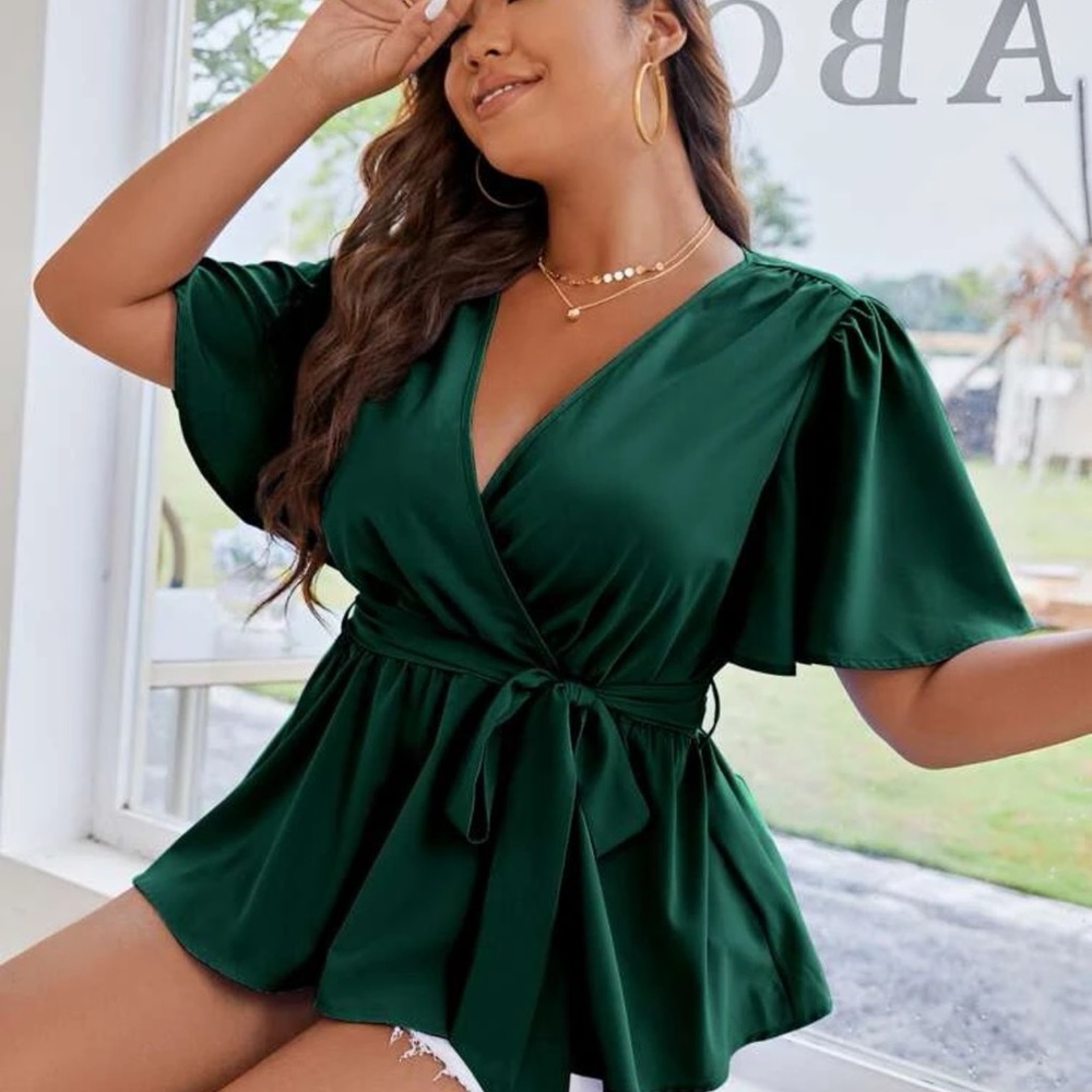 butterfly sleeve peplum belted blouse